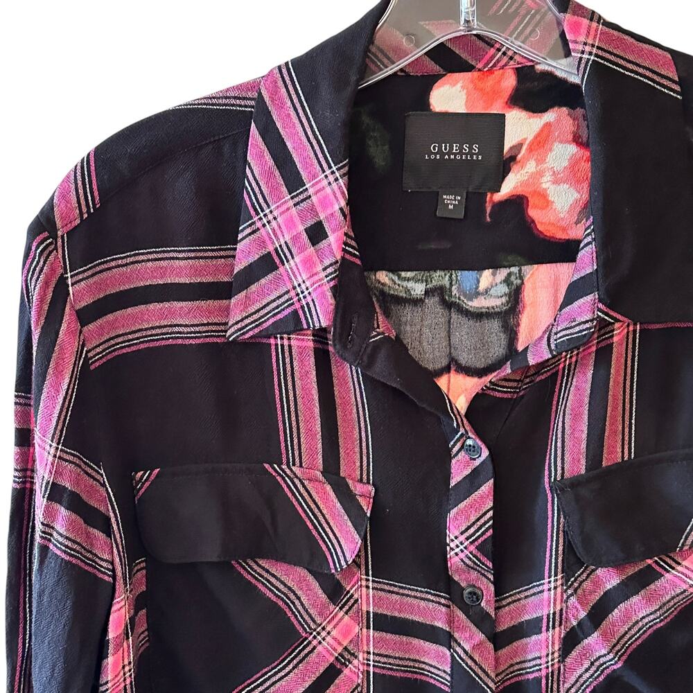 Guess Mixed Print Top Womens Medium Black Pink Plaid Floral Boho Button Shirt - Picture 4 of 8